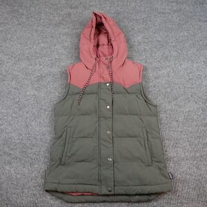 Patagonia Bivy Hooded Vest Womens Medium Green Pink Down Puffer Insulated